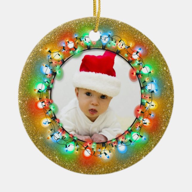 Sparkle Gold Christmas Bulbs with Photo Ceramic Ornament (Front)