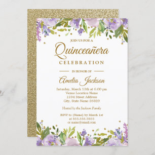 Sparkle Gold Floral Purple Quinceanera Invite