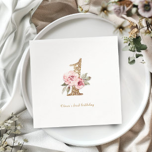 Sparkle gold glitter and pink floral 1st birthday napkin