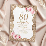 Sparkle gold glitter and pink floral 80th birthday invitation<br><div class="desc">Faux gold sparkle glitter background and blush pink floral with "80 and fabulous" script in centre,  elegant and stylish,  great 80th birthday party invitations.</div>