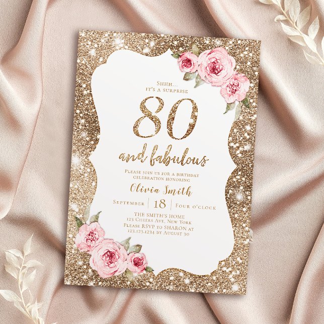 Sparkle gold glitter and pink floral 80th birthday invitation (Sparkle gold glitter and pink floral 80th birthday invitation)