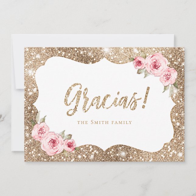 Sparkle gold glitter and pink floral glacias thank invitation (Front)