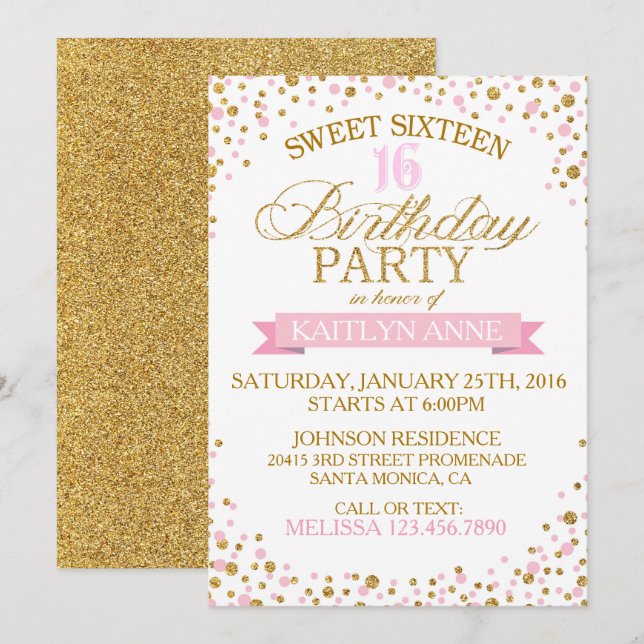 Sparkle Gold Glitter Dots Sweet Sixteen Birthday Invitation (Front/Back)