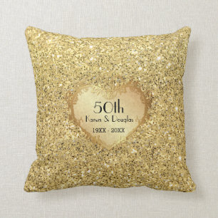 Sparkle Gold Heart 50th Wedding Anniversary Cushion