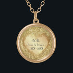 Sparkle Gold Heart 50th Wedding Anniversary Gold Plated Necklace<br><div class="desc">Beautiful ornate gold heart design over sparkling golden glitter print background on this romantic anniversary keepsake necklace celebrating their milestone fiftieth Wedding Anniversary. Text is ready for you to customise with their names and dates.</div>