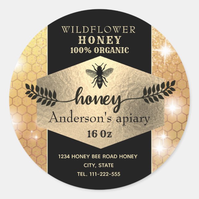Sparkle gold honeybee honey branch honey jar label (Front)