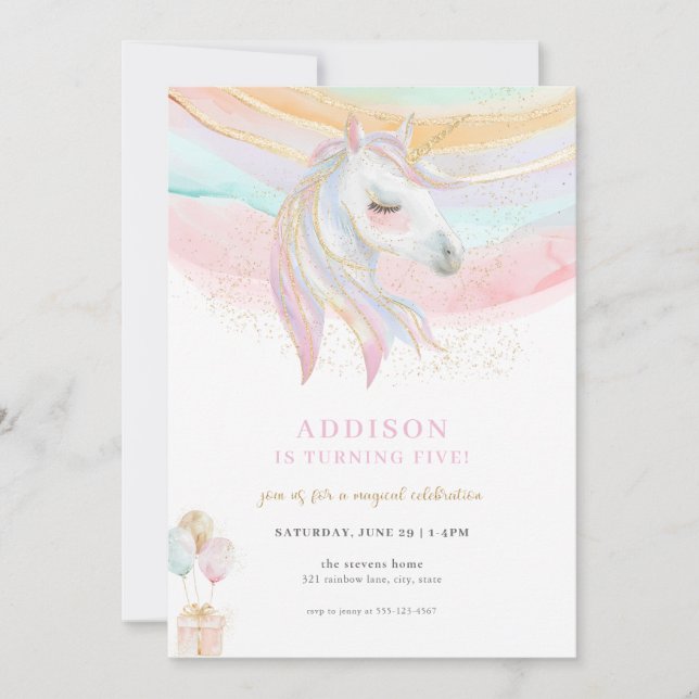 Sparkle Gold & Pastel Unicorn Birthday Invitation (Front)