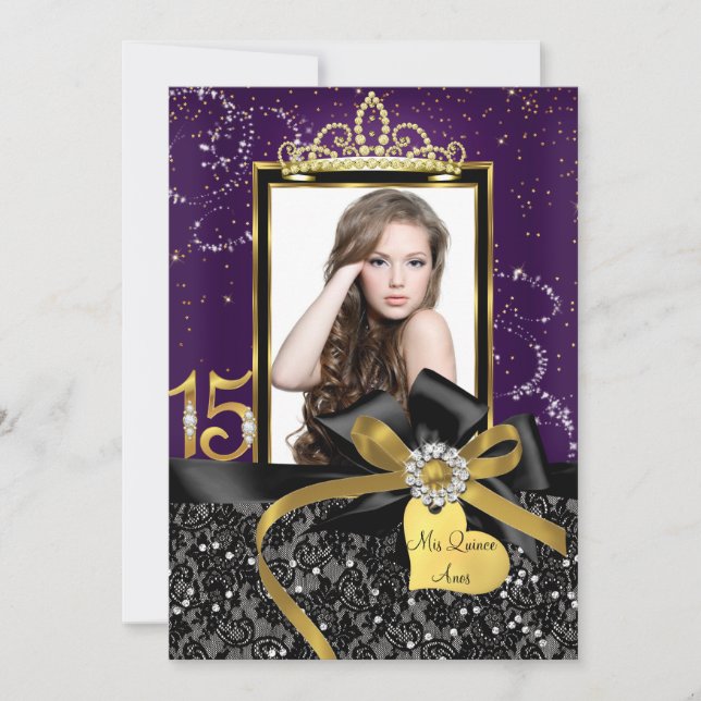 Sparkle Gold Purple Lace & Bow Photo Quinceanera Invitation (Front)