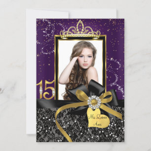 Sparkle Gold Purple Lace & Bow Photo Quinceanera Invitation