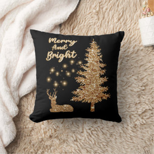 Sparkle Gold Reindeer and Christmas Tree Cushion