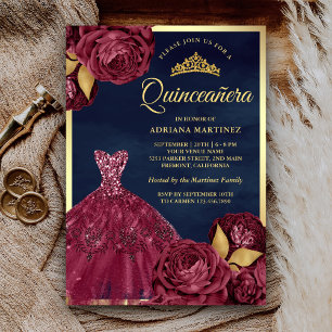 Sparkle Gown Burgundy Floral Navy Gold Quinceanera Invitation