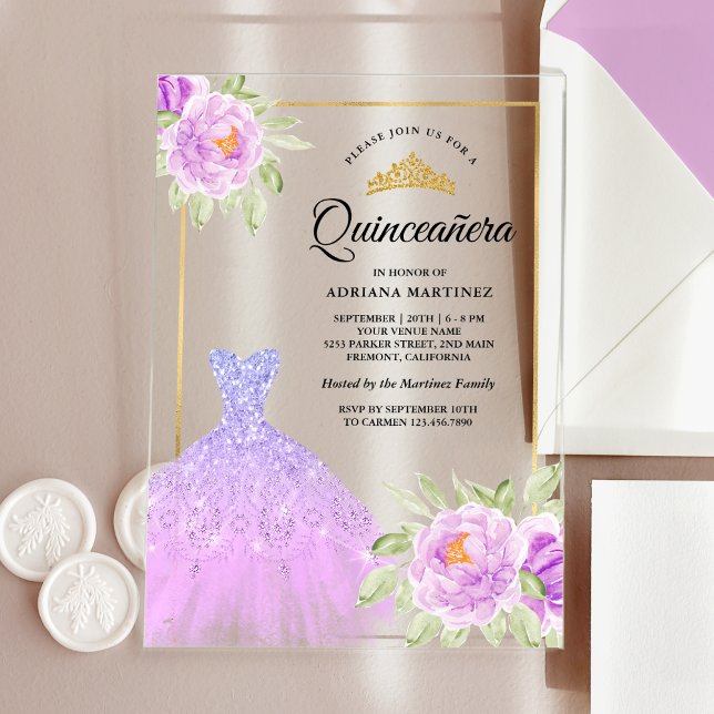 Sparkle Gown Lilac Purple Floral Gold Quinceanera Acrylic Invitations (Creator Uploaded)