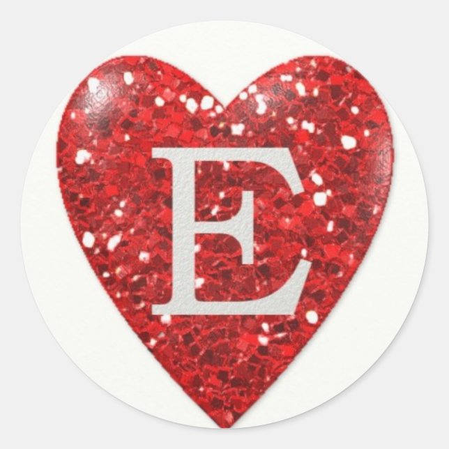 Sparkle Heart Letter E in RED Classic Round Sticker (Front)