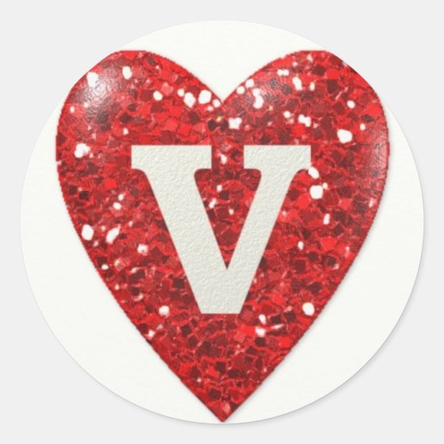 Sparkle Heart with Letter V Classic Round Sticker (Front)