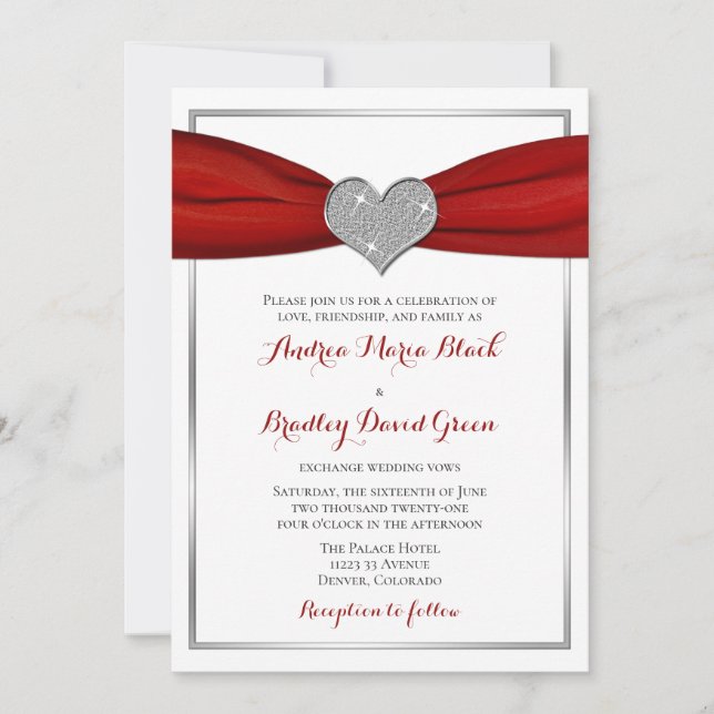 Sparkle Heart with Red Satin Ribbon Invitation (Front)