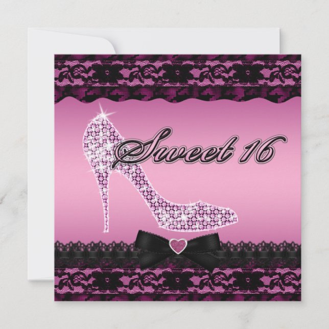 Sparkle Heels and Black Lace Pink Sweet 16 Invitation (Front)