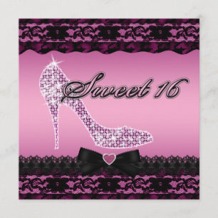 Sparkle Heels and Black Lace Pink Sweet 16 Invitation