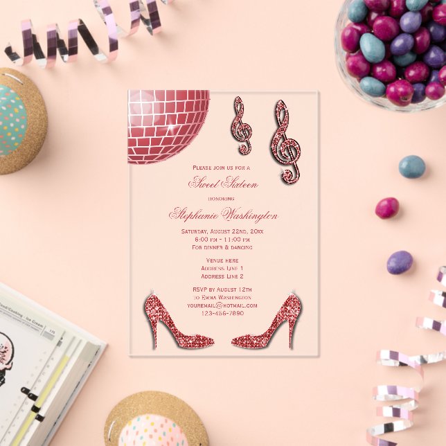 Sparkle Heels and Red Disco Ball Sweet 16 Acrylic Invitations (Insitu (Celebration))