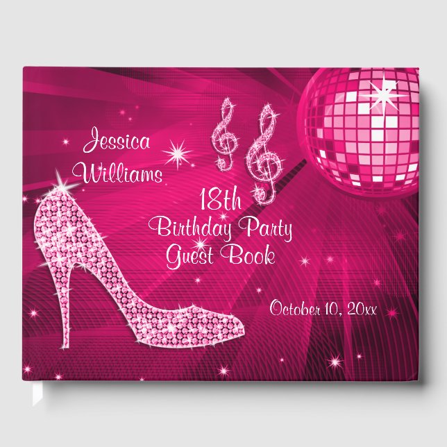 Sparkle Heels Pink Disco Ball Birthday Guest Book (Front)