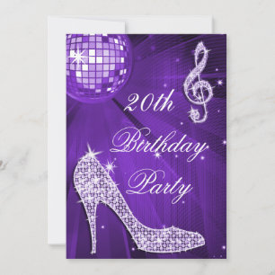 Sparkle Heels Purple Disco Ball 20th Birthday Invitation