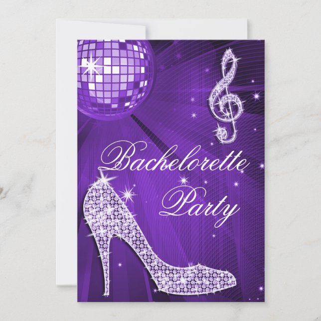 Sparkle Heels Purple Disco Ball Bachelorette Party Invitation (Front)