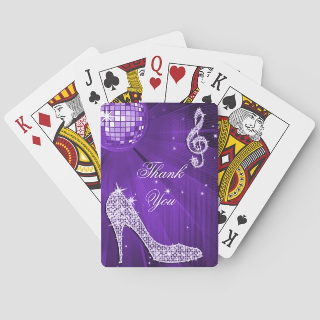 Sparkle Heels Purple Disco Ball Birthday Thank You Playing Cards (Back)