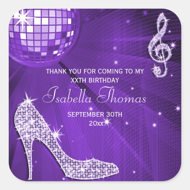 Sparkle Heels Purple Disco Ball Birthday Thank You Square Sticker (Front)