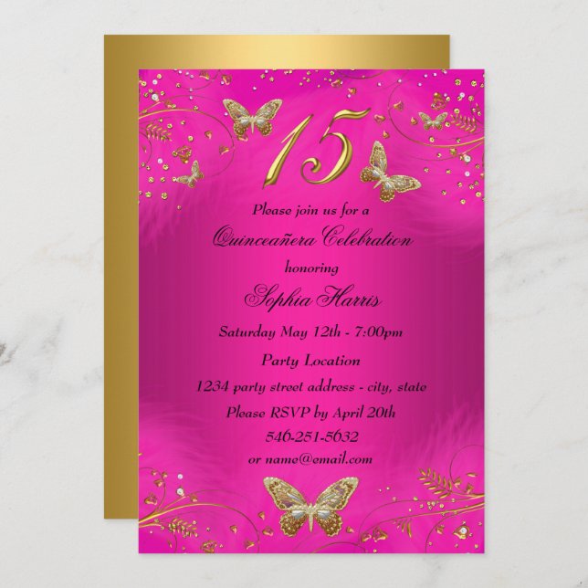 Sparkle Hot Pink & Gold Butterfly Quinceanera Invitation (Front/Back)