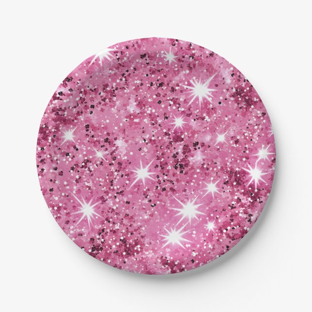 Sparkle Hot Pink Stars Glitter Paper Plate (Front)