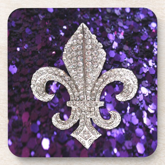 Sparkle jewel Fleur De Lis Sequins Purple Coaster (Front)