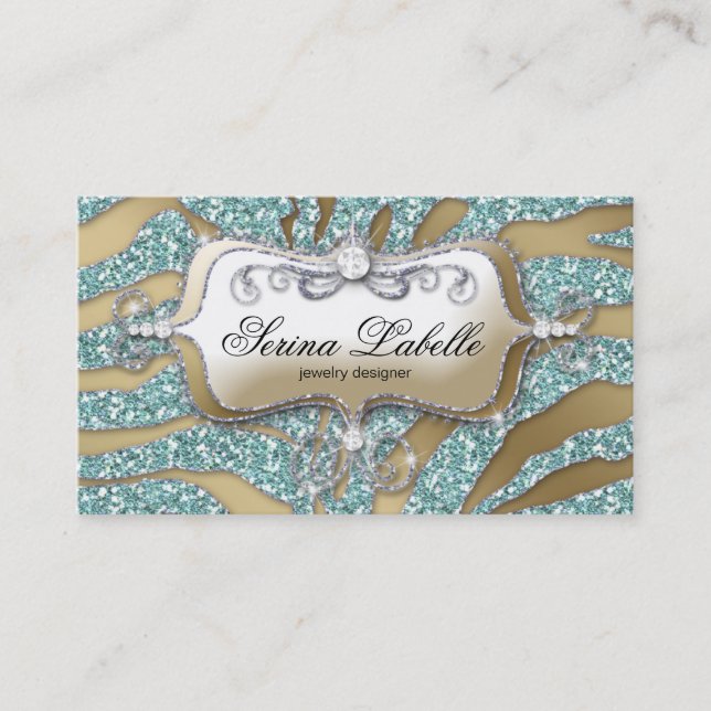 Sparkle Jewellery Business Card Zebra Gold Teal 2 (Front)