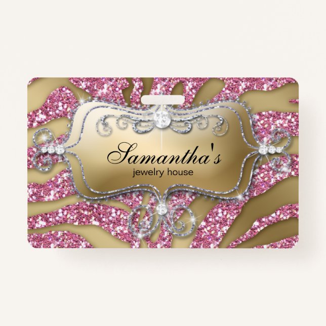 Sparkle Jewellery Zebra Gold Pink ID Badge (Front)
