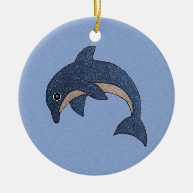 Sparkle Jumping Dolphin Dark Blue White Swirl Eye Ceramic Ornament (Front)