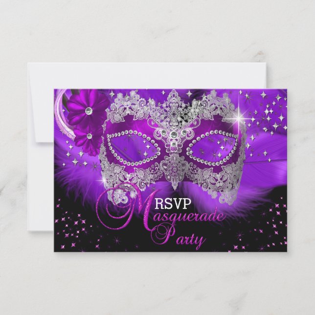 Sparkle Lace Mask Purple Masquerade RSVP Card (Front)