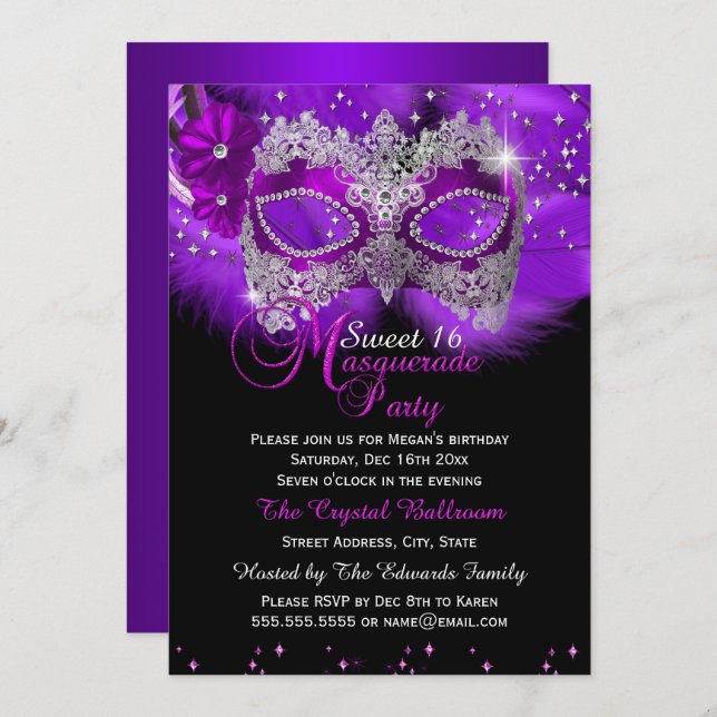 Sparkle Lace Mask Purple Masquerade Sweet 16 Invitation (Front/Back)