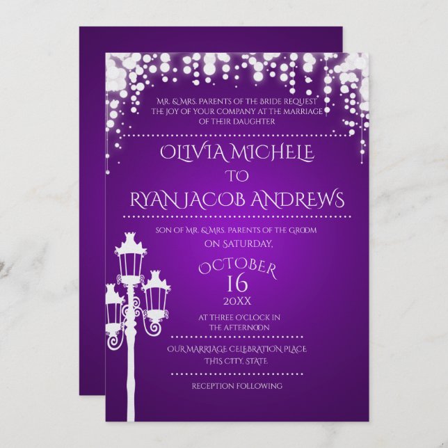 Sparkle Lamp Post Gala Purple Wedding Invitation (Front/Back)