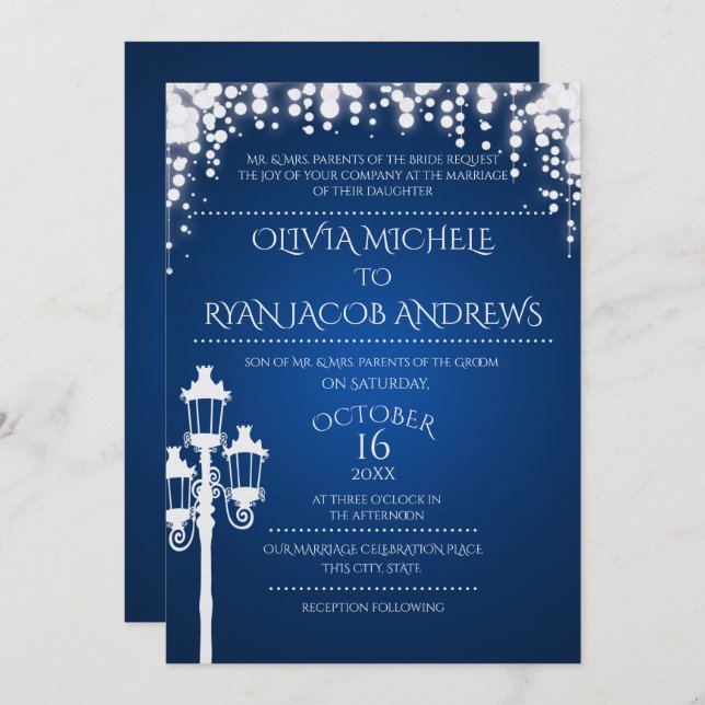 Sparkle Lamp Post Gala Wedding Sapphire Invitation (Front/Back)
