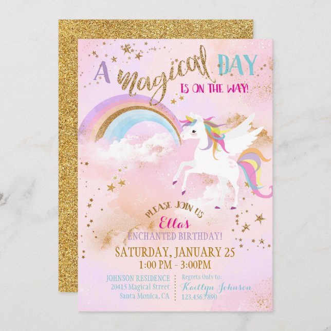 Sparkle Magical Unicorn Pegasus Birthday Invitation (Front/Back)