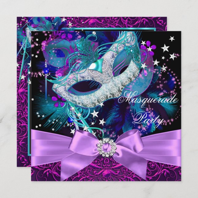 Sparkle Mask Bow Masquerade Party Invitation (Front/Back)
