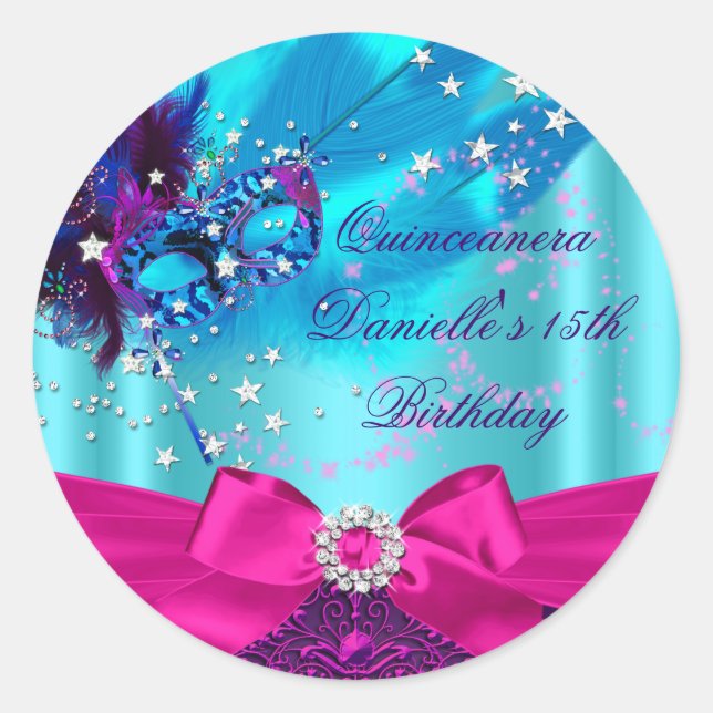 Sparkle Mask & Bow Quinceanera Birthday Sticker (Front)
