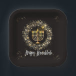 Sparkle Menorah Hanukkah Paper Plate<br><div class="desc">Hanukkah party design with a gold menorah and silver and gold sparkles on a black background.</div>