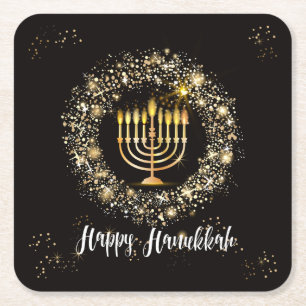 Sparkle Menorah Hanukkah Square Paper Coaster