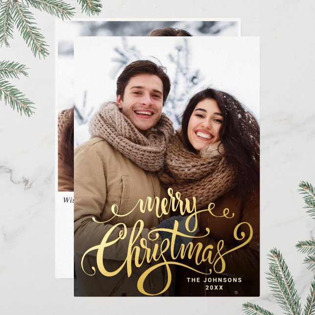 Sparkle Merry Christmas 2 PHOTO Greeting Gold Foil Holiday Card (Creator Uploaded)