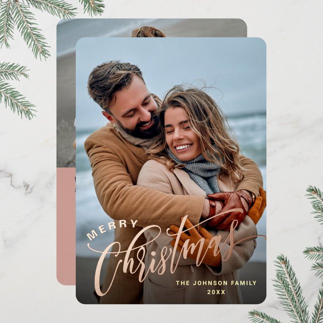 Sparkle Merry Christmas 2 PHOTO Greeting Rose Gold Foil Holiday Card (Creator Uploaded)