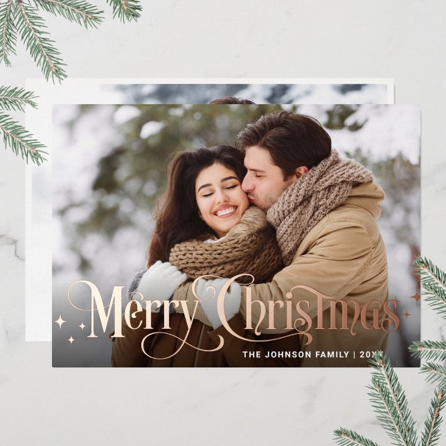 Sparkle Merry Christmas 2 PHOTO Greeting Rose Gold Foil Holiday Card (Creator Uploaded)