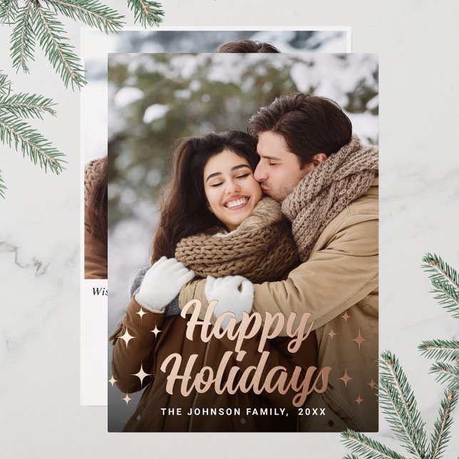 Sparkle Merry Christmas 2 PHOTO Greeting Rose Gold Foil Holiday Card (Customizable Christmas holiday greeting photo card with real foil print.)