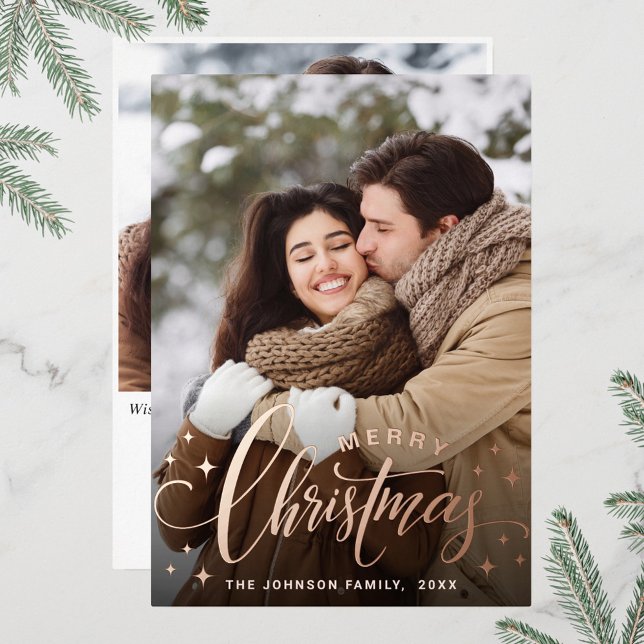 Sparkle Merry Christmas 2 PHOTO Greeting Rose Gold Foil Holiday Card (Creator Uploaded)
