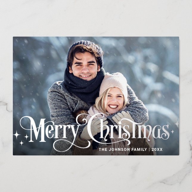 Sparkle Merry Christmas 2 PHOTO Greeting Silver Foil Holiday Card (Front)