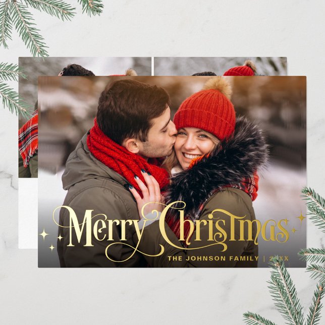 Sparkle Merry Christmas 3 PHOTO Greeting Gold Foil Holiday Card (Creator Uploaded)