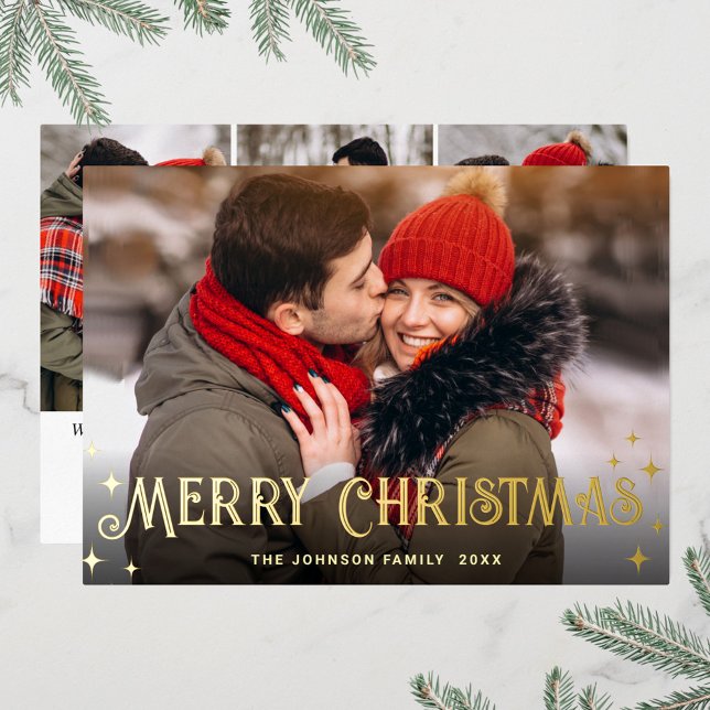 Sparkle Merry Christmas 4 PHOTO Greeting Gold Foil Holiday Card (Creator Uploaded)